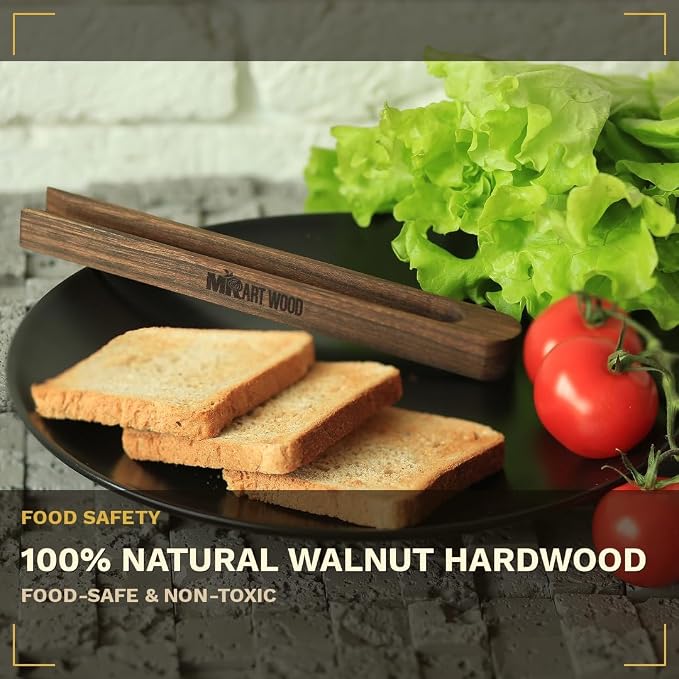 Magnetic Dark Wood Toaster Tongs, Set of 2 – 8.7-Inch Kitchen Tongs for Toast, Bagels, Bacon, Muffins & BBQ | Non-Toxic, Glue-Free Hardwood with Magnetic Storage Holder