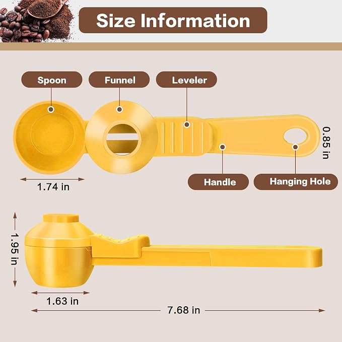 2-in-1 Coffee Scoop with Funnel, 2 Tbsp Measuring Spoon for Reusable K Cups, Ground Coffee, Protein Powder & Tea, Mess-Free Plastic Design（Yellow-1pack）