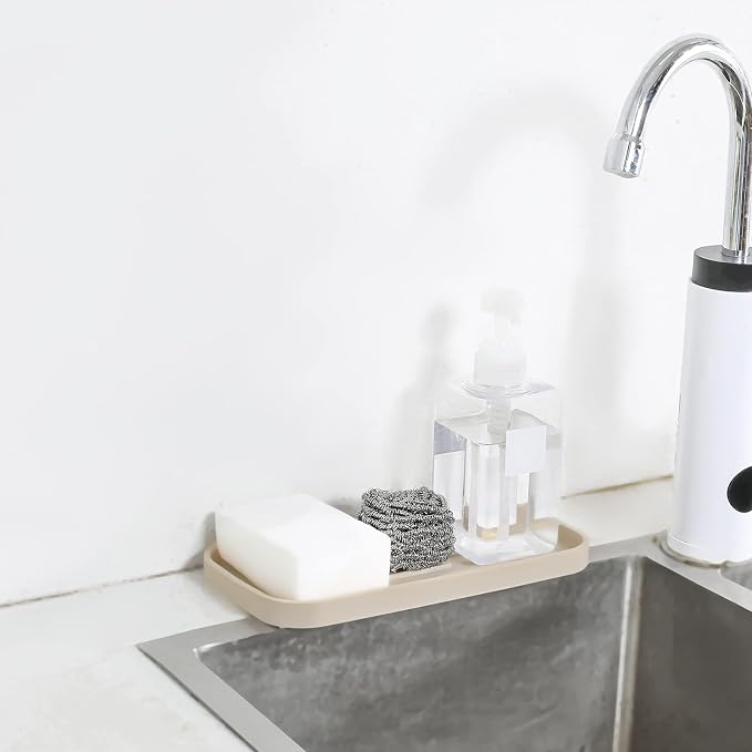 MicoYang Silicone Kitchen Sink Organizer Tray for Multiple Usage,Eco-Friendly Sponges Holder for Kitchen Bathroom Counter or Sink,Dish Soap Dispenser,Scrubber,Bottle,Cup (Tapioca, 10"×5.3")