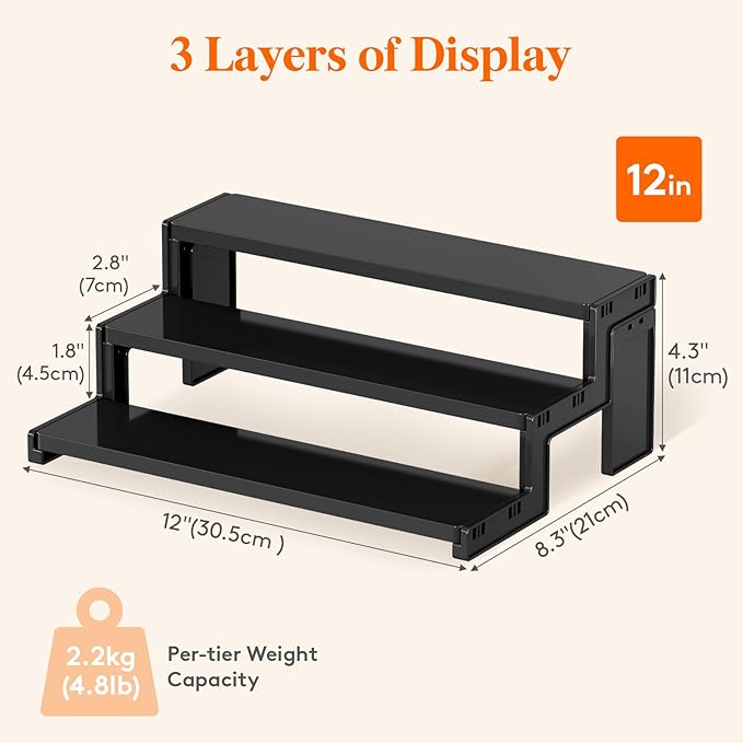 Lifewit 12″ Spice Rack, Perfume Cologne Stand,Tool-Free Assembly, 2 Pcs | 3-Tier Black Display Riser Shelf, Cupcake Stand, Seasoning Figurine Makeup Holder, Room Decor, Kitchen Cabinet Storage