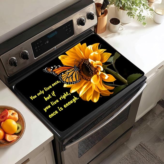 Sunflower Butterfly Glass Stove Top Cover Protector Retro Floral Plant Glass Cooktop Protector,Inspirational Quotes Cooktop Mat Electric Stove Cover Vintage Kitchen Decor