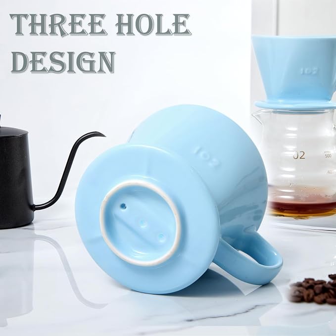 Pour Over Coffee Dripper, Ceramic Pour Over Coffee Maker, Blue | 3 Holes Flat Bottom, Easy Manual Brew Maker, Porcelain Slow Filter Cone for Travel, Camping, Office, Home