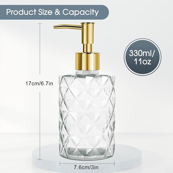 Topsky Glass Soap Dispenser with Plastic Pump,330ml Liquid Hand Soap Dispenser, Rustproof Pump for Kitchen & Bathroom,Great for Lotions,Essential Oil,Liquid Soaps Clear