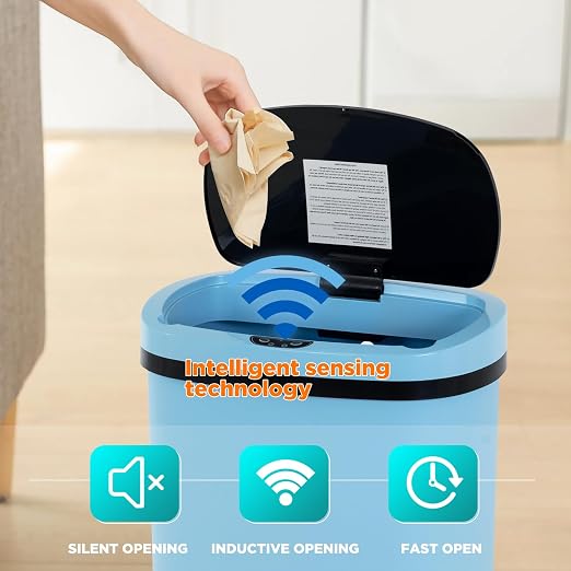 BestOffice | 13 Gallon Plastic Trash Can with Lid | Blue | Automatic Touchless Garbage Can | Odor Control | Modern Oval Design | Easy to Clean | For Kitchen, Bathroom, Office or Home