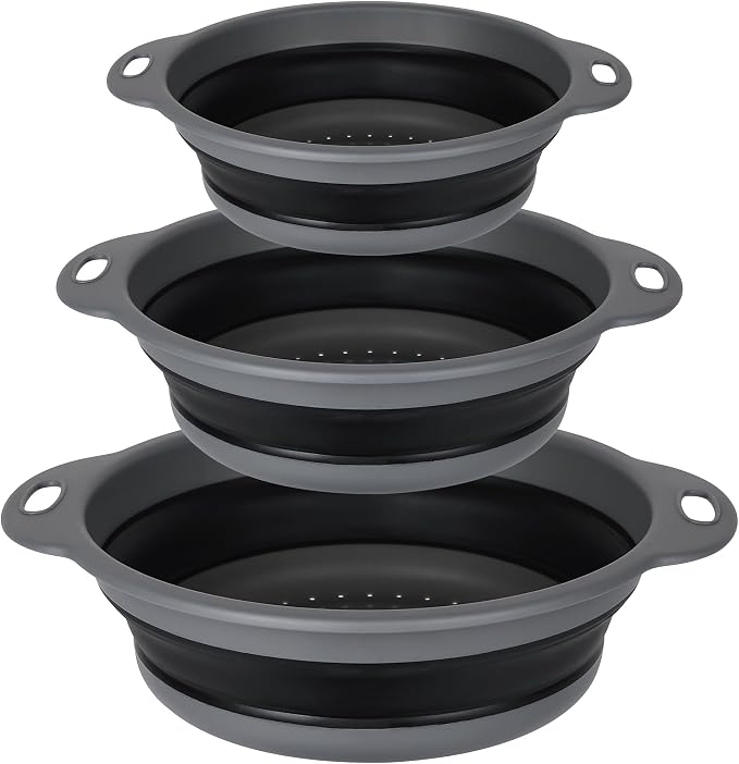 Collapsible Colander Set of 3, Silicone Food Foldable Strainer for Cooking Pasta, Vegetables and Fruit (3QT, 4QT and 5QT), Black