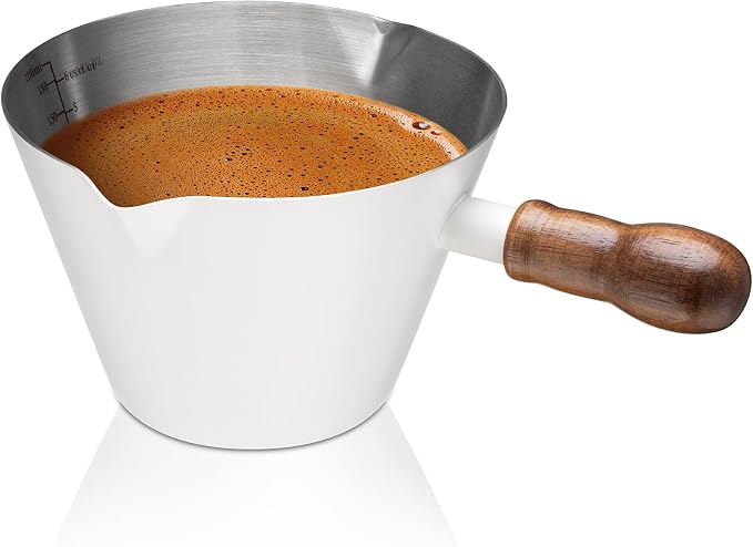 Amrules 6.8oz Espresso Measuring Cup with Wood Handle & Double Spout, White | 18/8 Stainless Steel & Wood Handle, V-Shaped Spout for Precision Pouring, Clear Scale Markings, for Coffee, Milk, Tea & Syrup