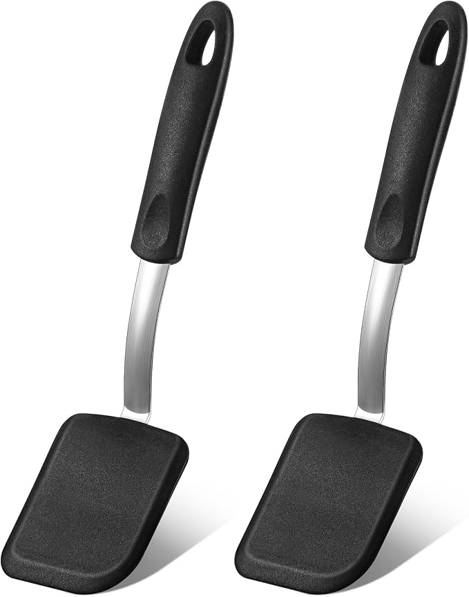 Silicone Cookie Spatula Turner 2 Pack Mini Brownie Spatula Flexible Kitchen Small Silicone Turner for Nonstick Cookware Heat Resistant No Scratch Flipper for Egg(Solid Flat,Black)