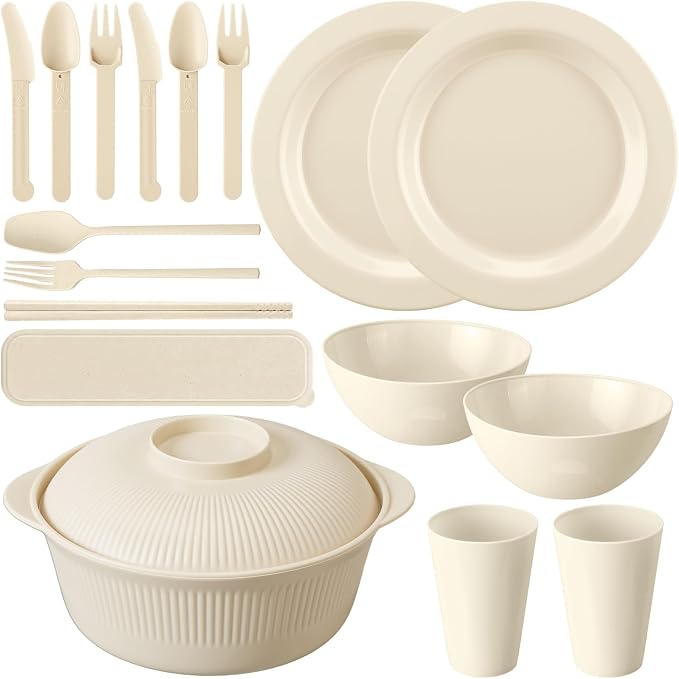 LemonRoad College Dorm Dishes Essential Kit 2 Sets Plastic Plates and Bowls 1 Set 40oz Microwave Cooker Ramen Bowl with Chopstick Spoon Fork Picnic Dinnerware Camping Set for College Dorm Room(Beige)