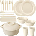 LemonRoad College Dorm Dishes Essential Kit 2 Sets Plastic Plates and Bowls 1 Set 40oz Microwave Cooker Ramen Bowl with Chopstick Spoon Fork Picnic Dinnerware Camping Set for College Dorm Room(Beige)