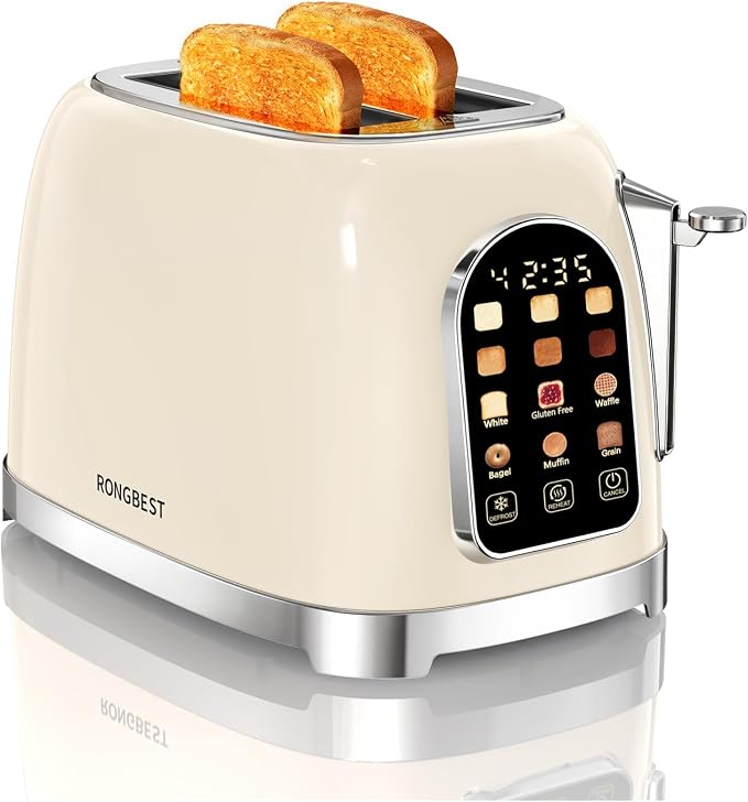 RONGBEST Retro 2 Slice Touchscreen Toaster with Stainless Steel Wide Slot for Breakfast Bread Bagel, Reheat & Defrost, 6 Browning Levels, Removable Crumb Tray, Cream Color