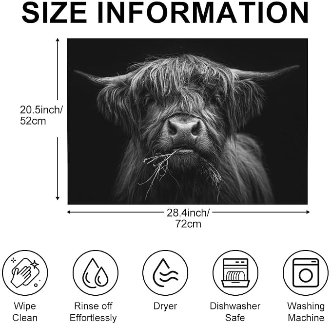 Highland Cow Stove Top Cover, Black and White, 28x20 in | Black and white highland cow close-up on black; non-slip washable mat; protects glass and electric cooktops; 28.4 x 20.5 in