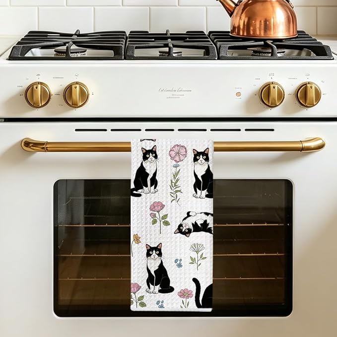 Jztco Cat Kitchen Towels, Floral Cats Gifts Reusable Hand Towels | Cat Lover Gifts for Women Mom, Microfiber Dish Cloths for Drying Dishes, Waffle Dish Towels for Kitchen Home Bathroom Decor