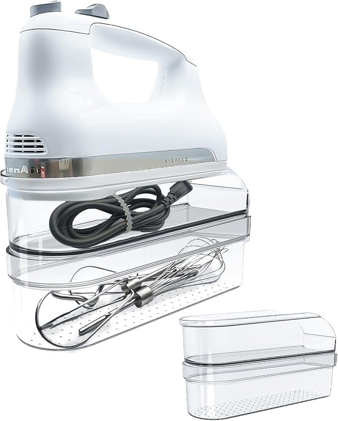 Hand Mixer Storage Case Compatible with KitchenAid KHM5, KHM6, KHM7 and KHM9 Ultra Power Hand Mixers, Double-Layer Clear Polycarbonate Organizer, Case Only