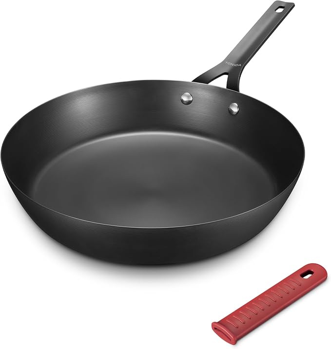 Carbon Steel Pan, 12 Inch Nonstick Frying Pan Skillet | Pre-Seasoned Carbon Steel Cookware with Removable Silicone Handle Holder, Indoor/Outdoor, Induction & Oven Safe