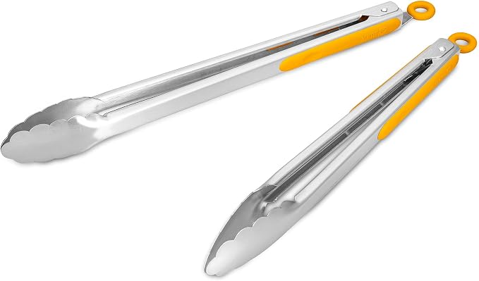 304 Stainless Steel Kitchen Cooking Tongs, 12 & 14 Inch, Set of 2, Orange | Locking Food Tongs with Non-slip Grips and Hanging Loops for Cooking, Grilling, BBQ and Serving, Dishwasher Safe