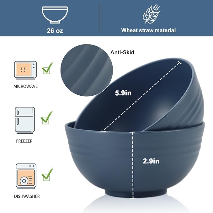 Wheat Straw Bowl Sets,8 PCS Unbreakable Cereal Bowls 26 OZ,Microwave and Dishwasher Safe Bowls,Kitchen Bowl suitable for cereal,salad,snack and soup (Navy Blue)