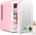 Mini Fridge, 4 Liter /6 Cans Makeup Fridge with Dimmable LED Mirror - Pink | Compact Mini Skincare Fridge for Beauty & Beverages, Dual-use Portable Tiny Fridge for Bedroom, Desk, Office, Home, Car, Gift