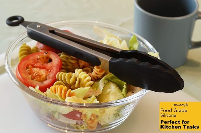 HINMAY Serving Tongs 9" Cooking Tongs with Silicone Tips, Set of 3 (Black)