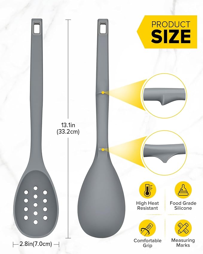 Pack of 2 Silicone Cooking Spoons, Non Stick Solid Kitchen Spoon with Measuring Marks & Back Hooks, Heat Resistant Silicone Slotted Spoon for Cooking, Mixing, Stirring,Serving (GRAY)