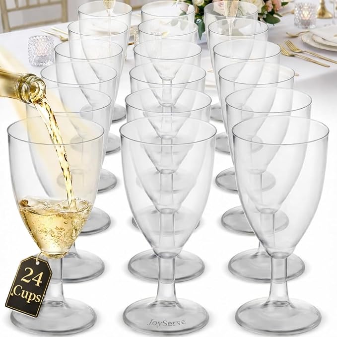 7 Oz Clear Disposable Plastic Wine Glasses (24-Pack) BPA-Free Stemmed Cups | Reusable Party Wine Cups for Outdoor Parties, Weddings, Toasts, Drinks, Catering, Receptions, Celebrations & Special Events