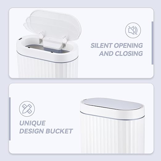 ELPHECO Bathroom Trash Can with Lid, 2 Gallon, Motion Sensor, White Grey | Automatic Garbage Can, Slim Plastic Wastebasket, Smart Trash Bin for Bedroom, Bathroom and Office