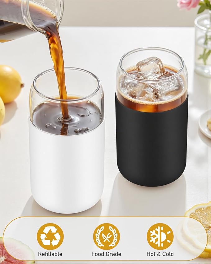 Glass Cups with Lids - 16 oz Glass Drinking Cups Set with Silicone Sleeves | Anti-Slip, Bamboo Lids, Iced Coffee Cup, Home Essential, Coffee Bar Accessories, Glass Tumbler, Reusable, Matcha Cup