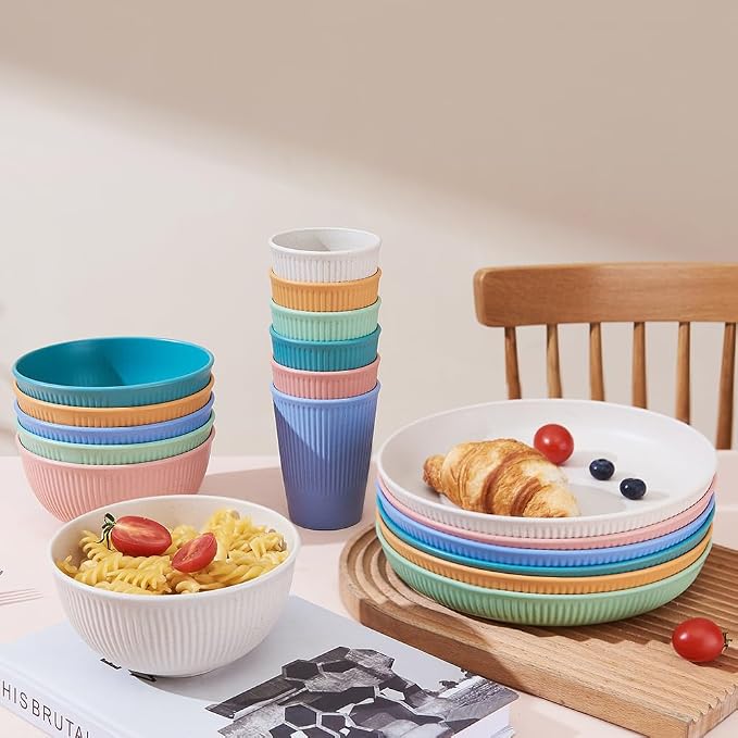 18pcs Wheat Straw Dinnerware Sets,HXYPN Unbreakable Reusable Dinnerware Set | Kitchen Cups Plates and Bowls Sets Dishwasher Microwave Safe Plates