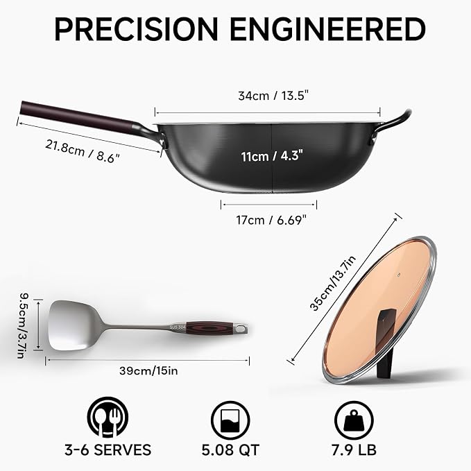 13.5" Carbon Steel Wok Pan - Pre-Seasoned Flat Bottom Woks & Stir-fry Pans Chinese Cookware with Lid & Spatula - For Pan-fry,Stir Fry, Steam, BBQ & Camping - Compatible with Induction, Gas