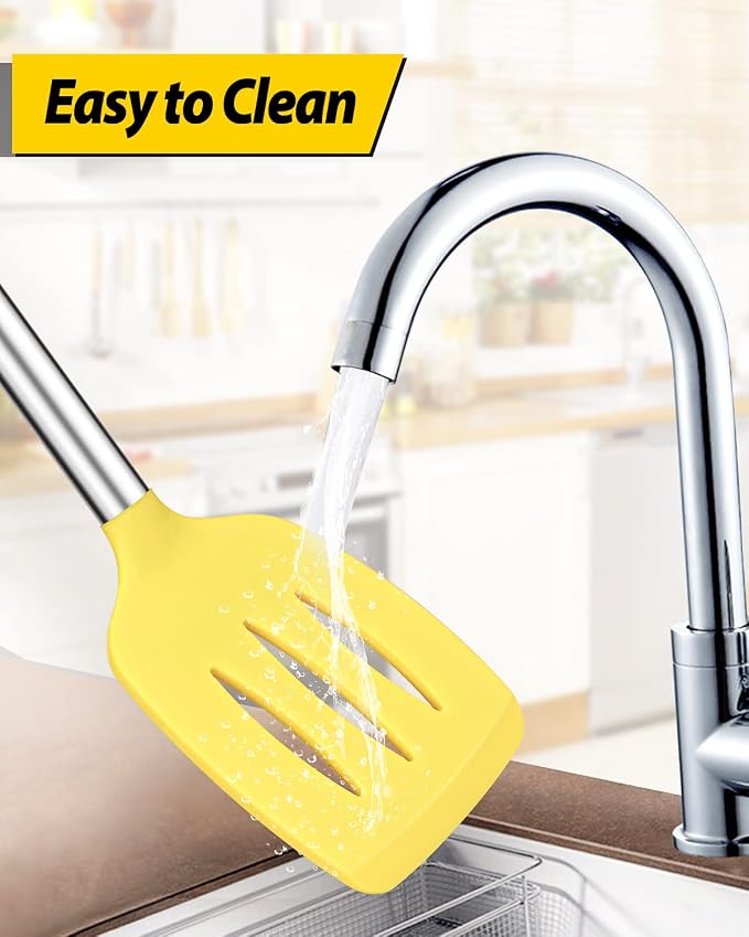 Pack of 2 Silicone Solid Turner, Non Stick Slotted Kitchen Spatulas, High Heat Resistant BPA Free Cooking Utensils, Ideal Cookware for Fish, Eggs, Pancakes(Yellow)