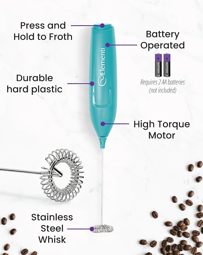 Elementi Powerful Frother Wand – Lightweight Milk Frother & Drink Mixer Handheld, Matcha Whisk for Dreamy Lattes, Powerful Coffee Mixer Wand & Blender Stirrer - Make Creamy Cappuccinos at Home (Teal)