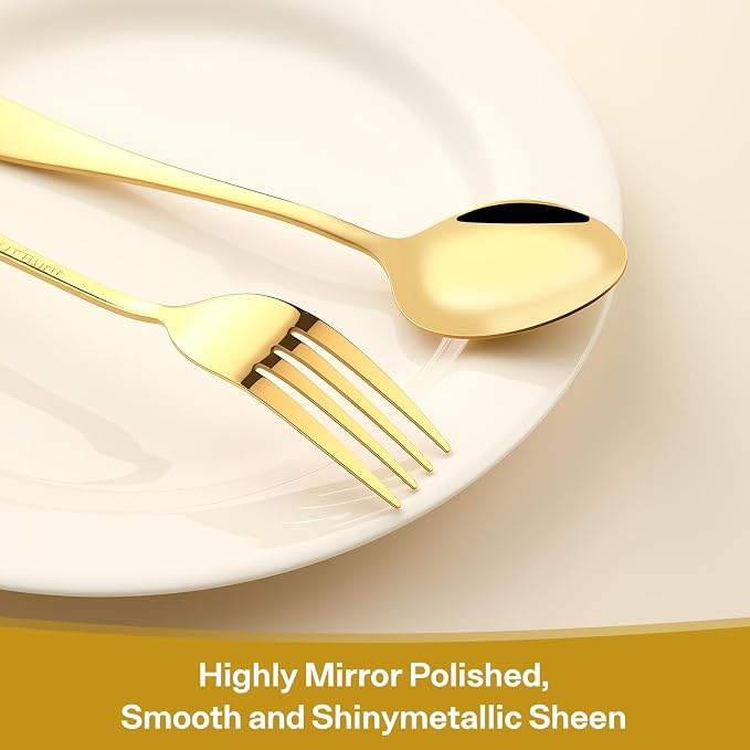 12 Pieces Spoons and Forks Set,Food Grade Stainless Steel Flatware Cutlery Set,6 Forks(6.8 inch)and 6 Spoons(6.6inch)Silverware Set for Home,Kitchen,Restaurant-Mirror Polished & Dishwasher Safe(Gold)