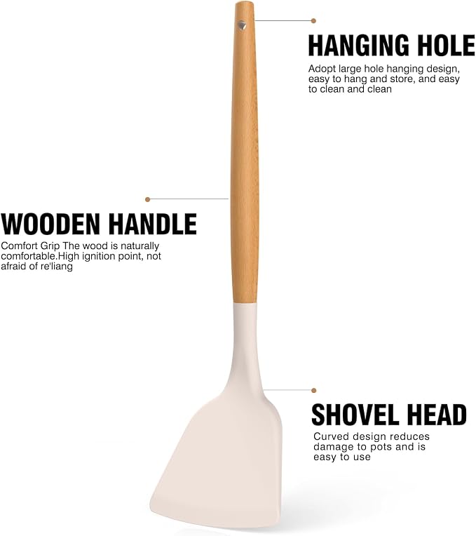 Silicone Cooking Utensils Set - AVGPD Silicone Kitchen Utensils for Cooking Wooden Handles, 446°F Heat Resistant Kitchen Utensil Spatula Sets w Holder, Gadgets for Non-Stick Cookware BPA FREE (Khaki)