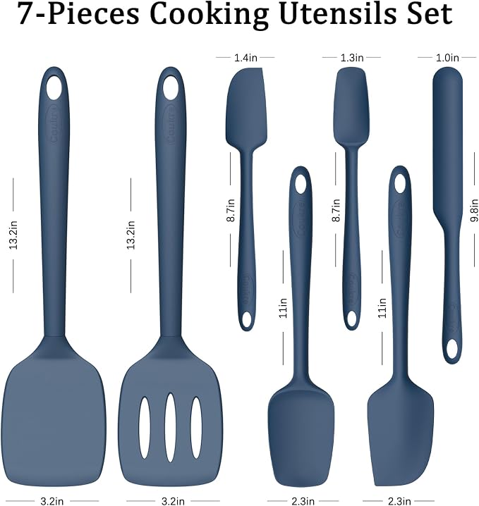 Coukre Silicone Spatula Set of 7, BPA Free Food Grade Silicone Cooking Utensils, Heat Resistant Kitchen Tools for Nonstick Cookware, Dishwasher Safe Spatulas for Cooking and Baking（7,PureDarkBlue）