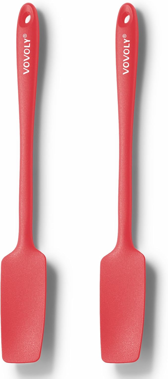 2-Pack Vovoly Silicone Jar Spatula, Long Handle Jar Spatulas, High Heat Resistant Small Rubber Spatula, Seamless Design, Stainless Steel Core, BPA Free, Red