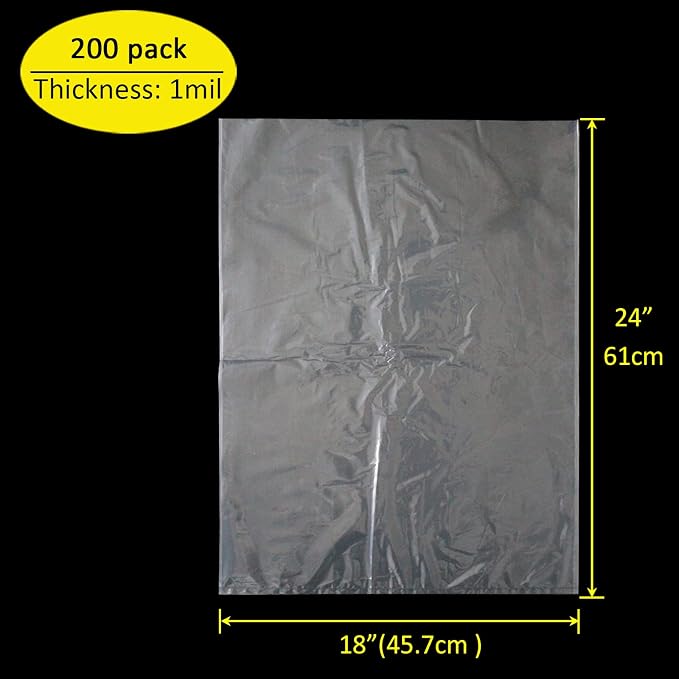 200 Pack 18 x 24 Inch Plastic Produce Bags Bread Loaf Bags | Clear Plastic Flat Poly Bags with Twist Ties for Food, Bread, Dough, Clothes Packaging, Storage, Gift Bag (1 Mil Thick)
