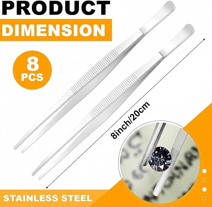 Yaomiao 8 Packs 8 Inch Bar Tweezers Silver Cocktail Tongs Long Garnish Tweezers Stainless Steel Bartender Kitchen Cooking Tongs for Cocktail Food Fruit Korean BBQ Bartender Chef, Multi-use