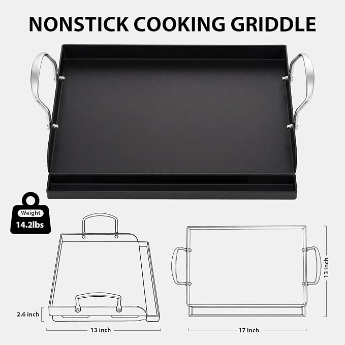 Utheer Cast Iron Griddle, Pre-Seasoned, Nonstick, 17 x 13 in Flat Top | For outdoor grilling, breakfast, camping and tailgating, with grease groove and high sidewalls for easier cleanup