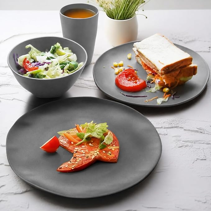 Teivio 32-Piece Plates and Bowls Sets for 8, Irregular Gray Dinnerware Sets | Irregular Cups, Plastic Wheat Straw Unbreakable Dish Set, Dishwasher Safe, for Outdoor Camping RV Essentials Plate Set