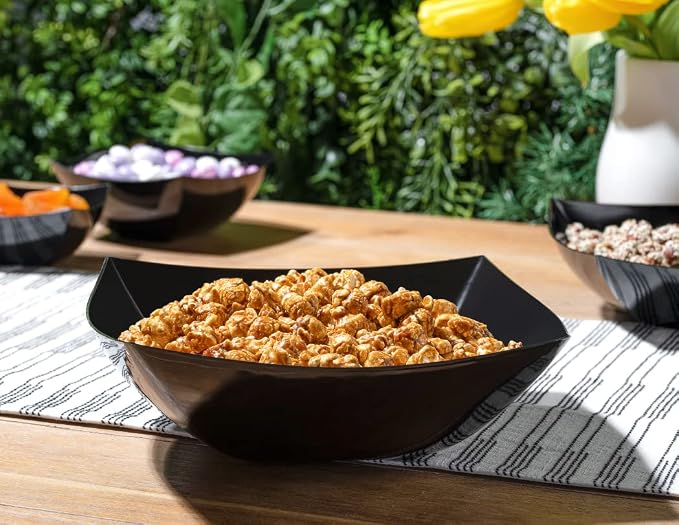 4 Pack Disposable Black Plastic Serving Bowls Square Party Candy Use 64oz | Square Design. Disposable Party Tableware. Salad, Fruit & Candy Use. Candy Buffet Containers. Black Plastic.