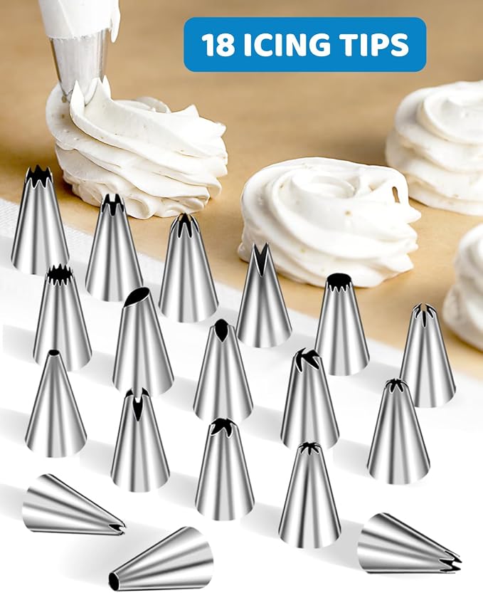 Piping Bags and Tips Set, Cakes Decorating Kit Supplies | 100 Pcs 12 Inch Piping Bags, 1 Reusable Pastry Bags, 18 Tips, 2 Couplers, 2 Bags Ties 3 Clips 1 Scriber Needle 3 Cake Scraper