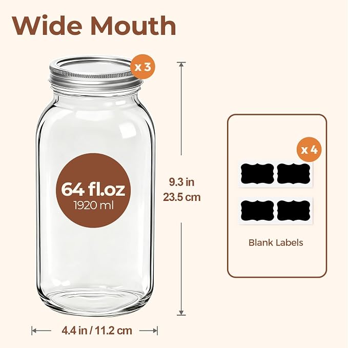 ComSaf 64 oz Wide Mouth Mason Jars 3 Pack, Half Gallon Glass Jars with Lids | BPA-Free Materials, Large Size, Canning Pickling Sauce, Meal Prep Salad, Sourdough, Flour And Sugar For Baking, Food Storage