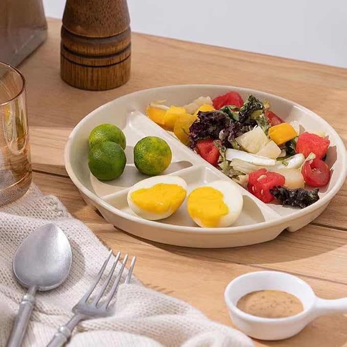 PUPOPIK 9" Unbreakable Divided Plates Set of 5, Wheat Straw Plate Reusable Dinnerware Portion Control Plate, Round Bariatric Plastic Plate for Kids Adults, BPA-free, Dishwasher Safe