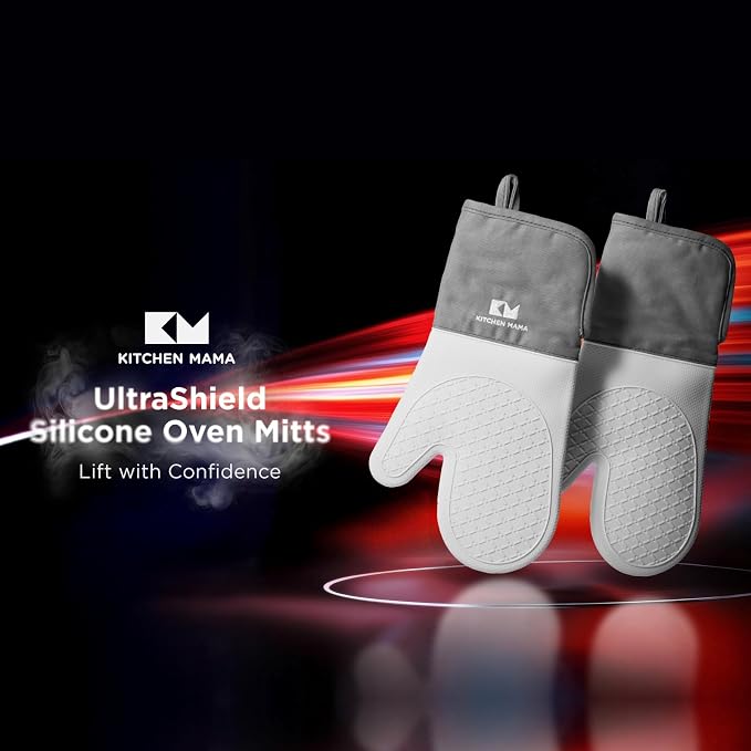 Kitchen Mama UltraShield Silicone Oven Mitts, Metal Gray | Heat Resistant, Non-Slip Surface, Waterproof, Flexible, Durable
