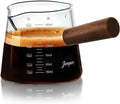 Joeyan 6 oz Glass Measuring Cup with Double Spouts,Borosilicate Espresso Shot Glasses with Wooden Handle,Claer Measuring Triple Milk Frothing Pitcher for Coffee Tea