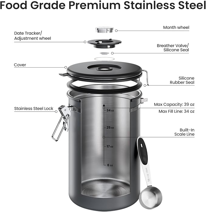 Veken Coffee Canister,39OZ, 2.2lbs,Large Airtight Stainless Steel Container | Kitchen Food Storage Jars for Beans,Ground, Espresso, Rice,Tea, Sugar,Cookie, Bar Accessories,Gifts, Scoop, Gray