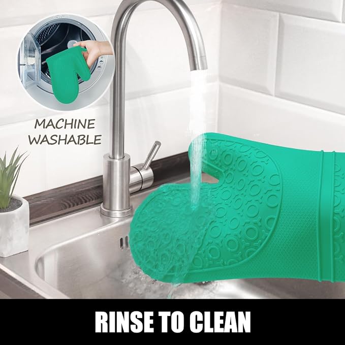 RORECAY Silicone Oven Mitts and Pot Holders Sets, Gloves for Kitchen, Green | Set of 6 Kitchen Mitts for Baking & Cooking, Heat Resistant 500 ℉, 15" Extra Long, Non-Slip & Waterproof, Quilted Cotton
