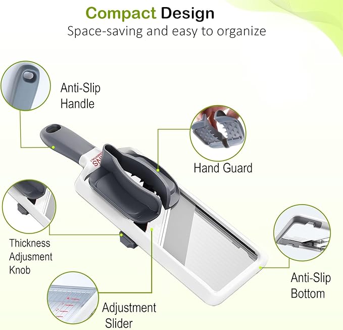 Mandoline Slicer for Kitchen – Adjustable Stainless Steel Blades, with Comfort Grip – Vegetable Slicer for Small to Medium sized Cucumber, Onion, Potato – Gray