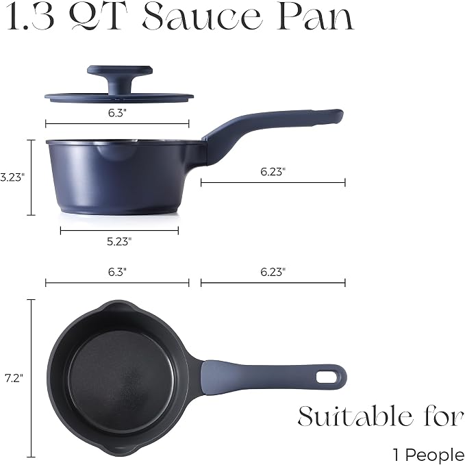 PRICUSIS Ceramic Nonstick Saucepan with Lid, 1.3 Quart Non Toxic Pot with Pour Spouts, Full Coated, 100% Dishwasher Safe, Induction Compatible, PTFE PFAS & PFOA Free, Blueberry Mist
