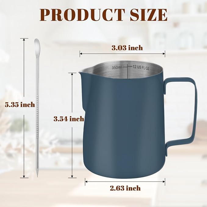 Amrules Milk Frothing Pitcher 12oz Frother Cup Barista Tools, Blue | 18/8 Stainless Steel, 12oz Capacity with Clear Scale, with Decorating Pen, Ergonomic Handle, for Cappuccino, Latte & Espresso