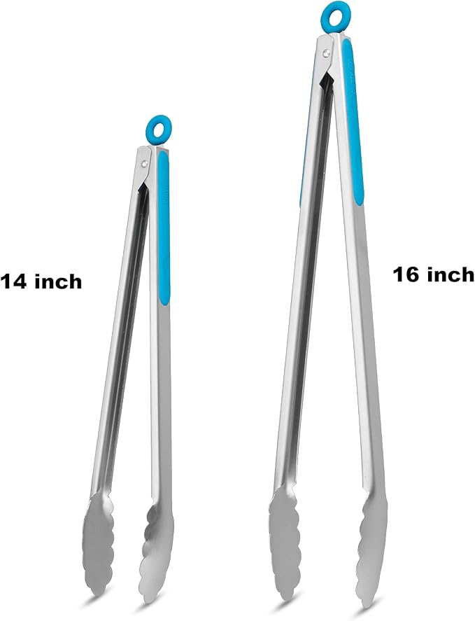 304 Stainless Steel Kitchen Cooking Tongs, 14 & 16 Inch, Set of 2, Blue | Locking Food Tongs with Non-slip Grips and Hanging Loops for Cooking, Grilling, BBQ and Serving, Dishwasher Safe